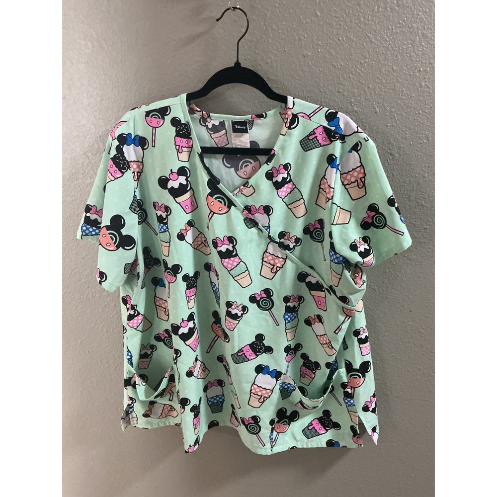 Disney Scrub Top Womens 2XL Mint Green Excellent Mickey Minnie Ice Cream Print